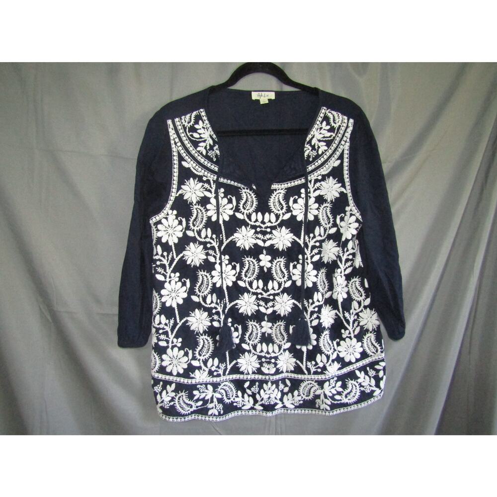 Style & Co L Navy Blue White Embroidered Boho Peasant Top Women's 3/4 Sleeve Cot